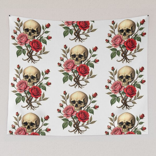 Item preview, Artistic composition of a skull surrounded by pink and red roses with intertwining branches displaying life and death themes designed and sold by SpaceartLilu.