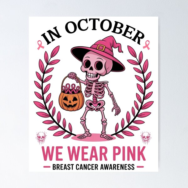 Item preview, Spooky Skeleton In October We Wear Pink – Breast Cancer Awareness Vibes designed and sold by ArtByKatti.