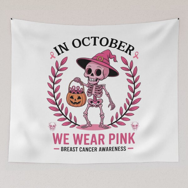 Item preview, Spooky Skeleton In October We Wear Pink – Breast Cancer Awareness Vibes designed and sold by ArtByKatti.