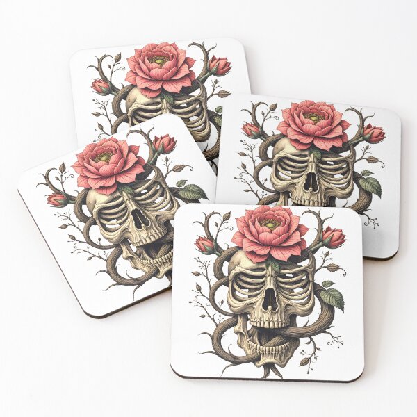 Item preview, Gotic composition of a skull surrounded by pink roses with intertwining branches displaying life and death themes designed and sold by SpaceartLilu.