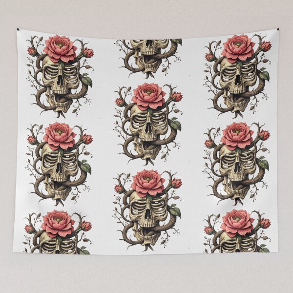 Item preview, Gotic composition of a skull surrounded by pink roses with intertwining branches displaying life and death themes designed and sold by SpaceartLilu.