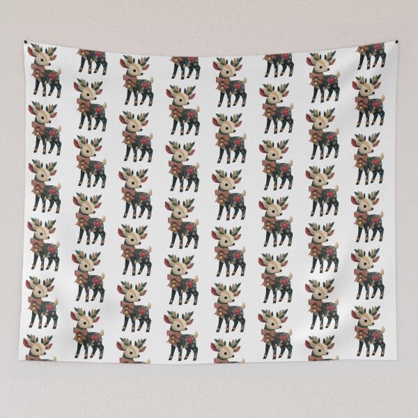 Item preview, Vintage Patchwork Christmas Reindeer with Floral Quilt and Festive Bell Bow designed and sold by MujernDesignArt.