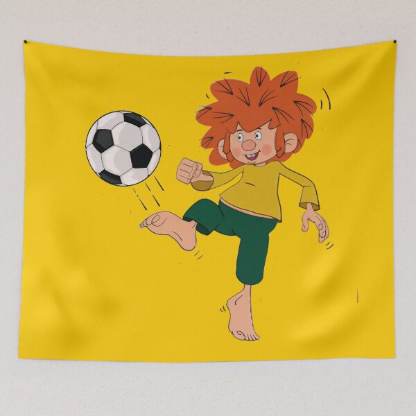 Item preview, Pumuckl playing football on the field designed and sold by DieViolettHund.