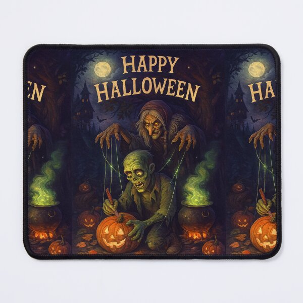 Item preview, Happy Halloween — Baba Yaga Puppeteering a Zombie (Moonlit Pumpkin Carving) designed and sold by Karo-Vibe87.