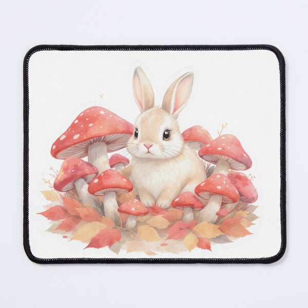 Item preview, Cute brown and White Bunny with Mushrooms – Autumn Woodland Forest Animal designed and sold by twilightprints.
