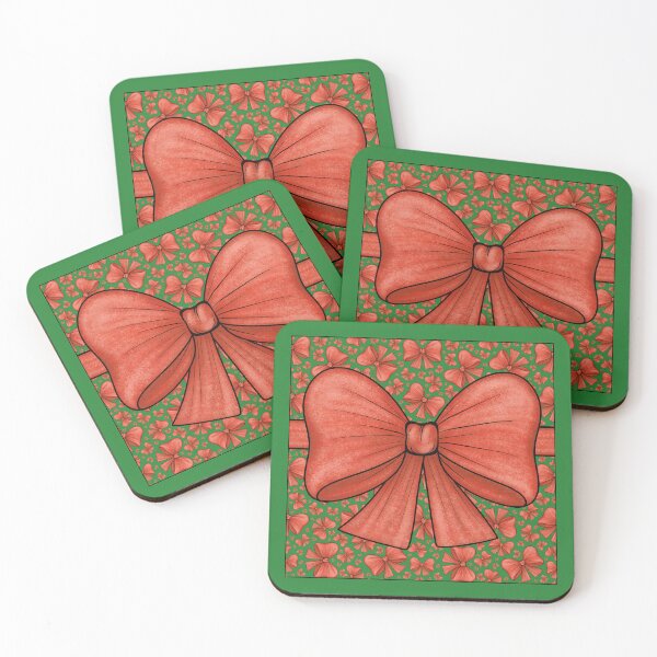 Item preview, Red bow with ribbon on a background of a pattern of red bows on a green background designed and sold by Cherevan.
