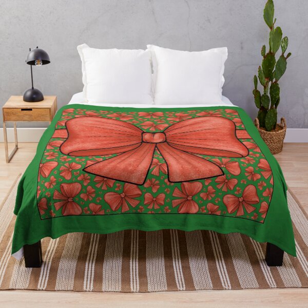 Item preview, Red bow with ribbon on a background of a pattern of red bows on a green background designed and sold by Cherevan.