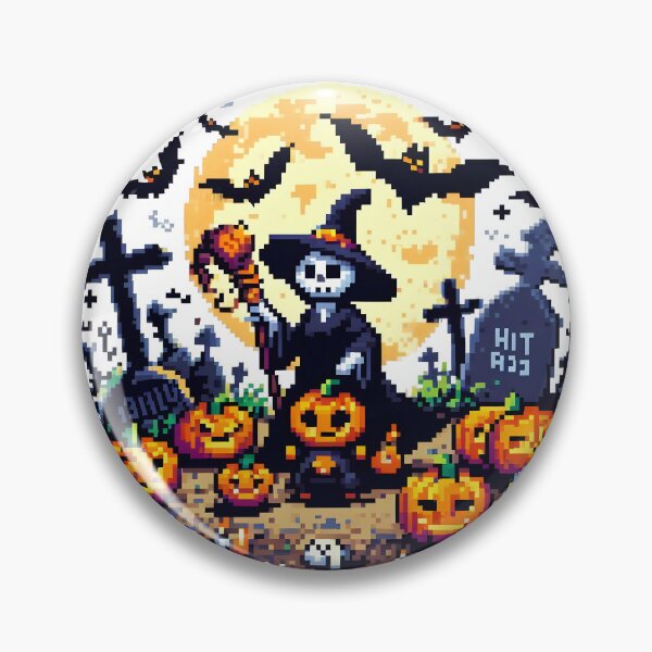 Item preview, 8-Bit Halloween Skeleton Witch in Graveyard with Pumpkins. designed and sold by The-T-In-Retro.