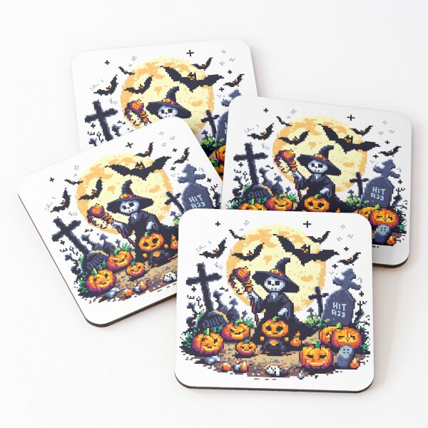 Item preview, 8-Bit Halloween Skeleton Witch in Graveyard with Pumpkins. designed and sold by The-T-In-Retro.