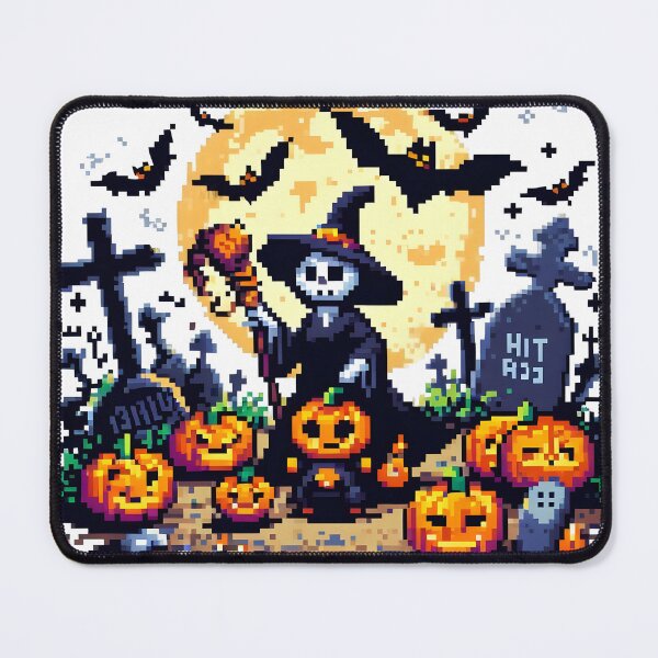 Item preview, 8-Bit Halloween Skeleton Witch in Graveyard with Pumpkins. designed and sold by The-T-In-Retro.