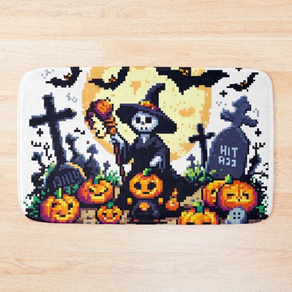 Item preview, 8-Bit Halloween Skeleton Witch in Graveyard with Pumpkins. designed and sold by The-T-In-Retro.