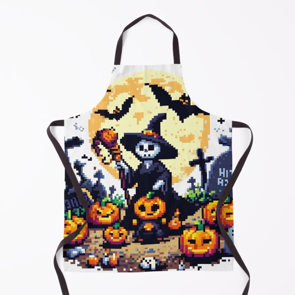 Item preview, 8-Bit Halloween Skeleton Witch in Graveyard with Pumpkins. designed and sold by The-T-In-Retro.