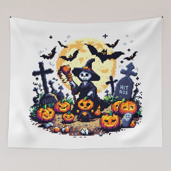 Item preview, 8-Bit Halloween Skeleton Witch in Graveyard with Pumpkins. designed and sold by The-T-In-Retro.