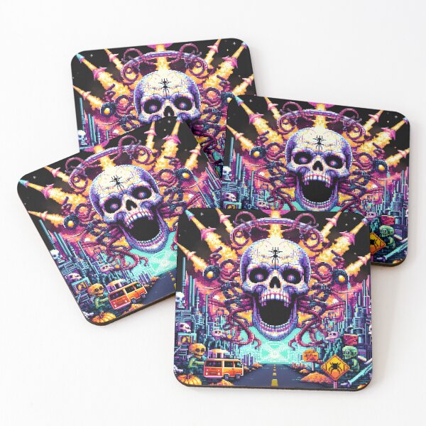 Item preview, Retro 16-Bit Skull Apocalypse with Neon Cityscape. designed and sold by The-T-In-Retro.