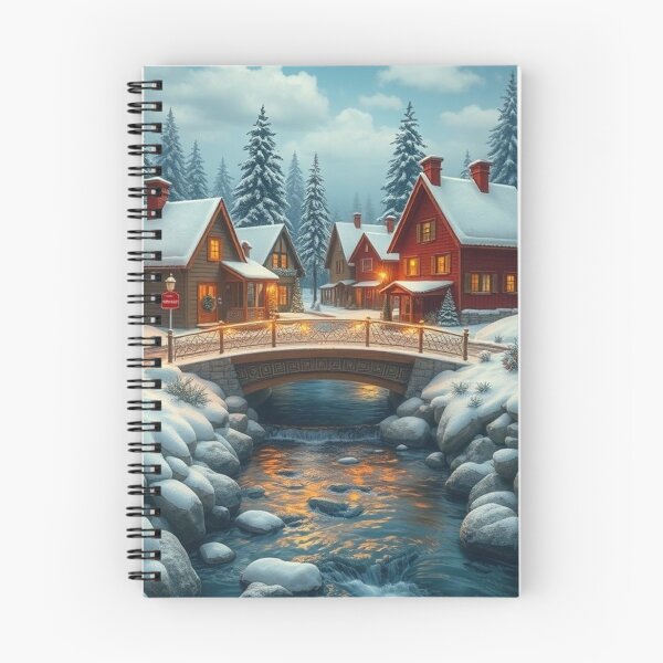 Item preview, “Cozy Crossing – Winter Village with Stone Bridge designed and sold by NaomiRut.