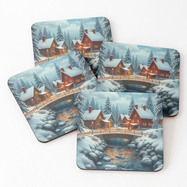 Item preview, “Cozy Crossing – Winter Village with Stone Bridge designed and sold by NaomiRut.