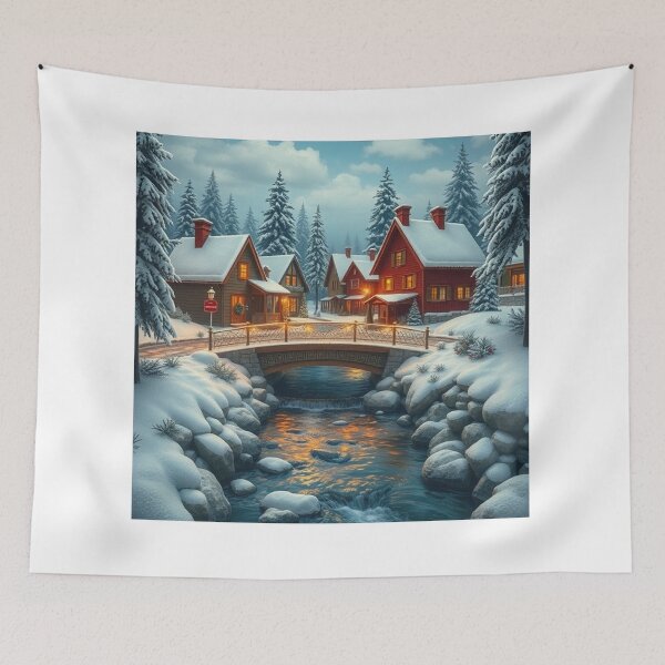 Item preview, “Cozy Crossing – Winter Village with Stone Bridge designed and sold by NaomiRut.