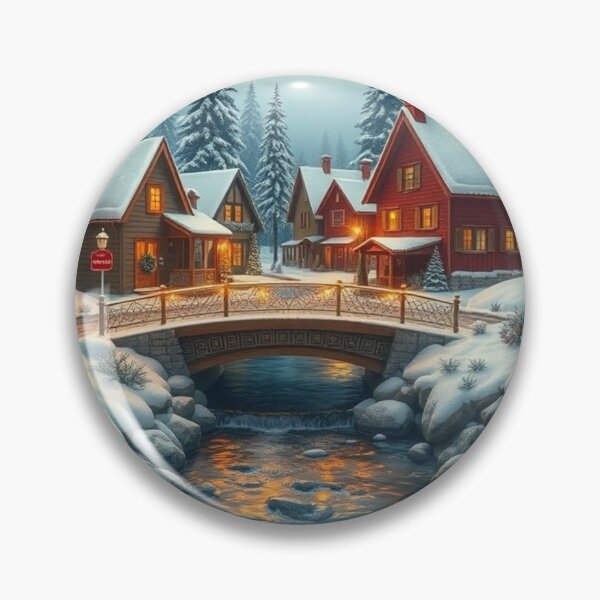 Item preview, “Cozy Crossing – Winter Village with Stone Bridge designed and sold by NaomiRut.