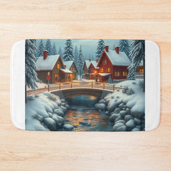 Item preview, “Cozy Crossing – Winter Village with Stone Bridge designed and sold by NaomiRut.