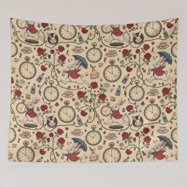 Item preview, White rabbit clock time piece and roses pattern designed and sold by MGuyerArt.