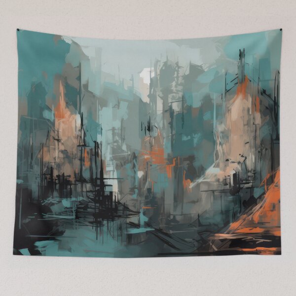 Item preview, Abstract Cyberpunk Cityscape in Teal and Ember Orange – Futuristic Urban Art designed and sold by NeoNebulaArt.