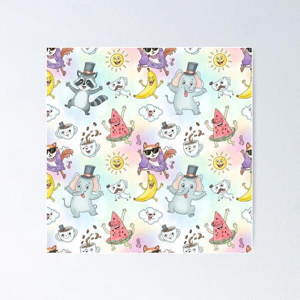 Item preview, Funny Watercolor Cartoon Pattern – Cute Dancing Animals, Laughing Fruits & Playful Coffee Cups | Whimsical Kawaii Seamless Design designed and sold by skysshobu.