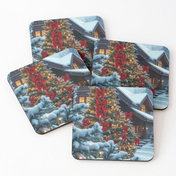 Item preview, Cozy Snowy Cabin Christmas Tree with Red Bows designed and sold by Jade Ado.
