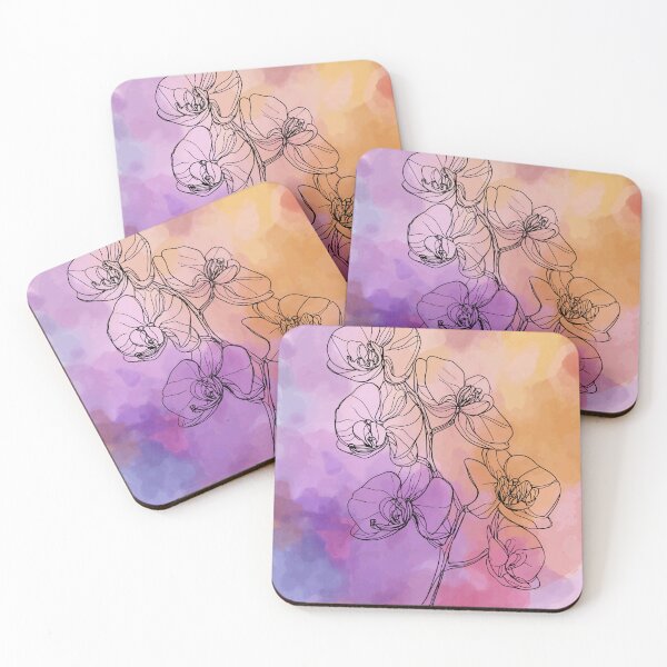 Artikelvorschau, Orchideen-Strichzeichnung mit Regenbogen-Aquarell-Hintergrund entworfen und verkauft von idtecss.