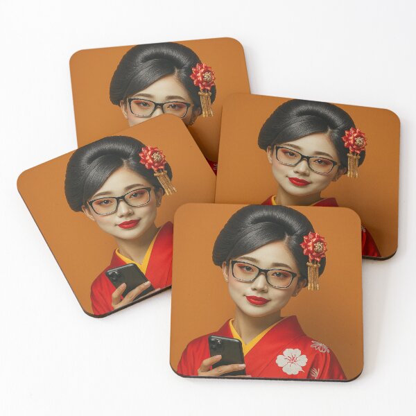 Item preview, Modern Geisha Portrait — Contemporary Maiko in Red Kimono with Kanzashi and Smartphone Japanese Kimono Art designed and sold by AnTartstudios.