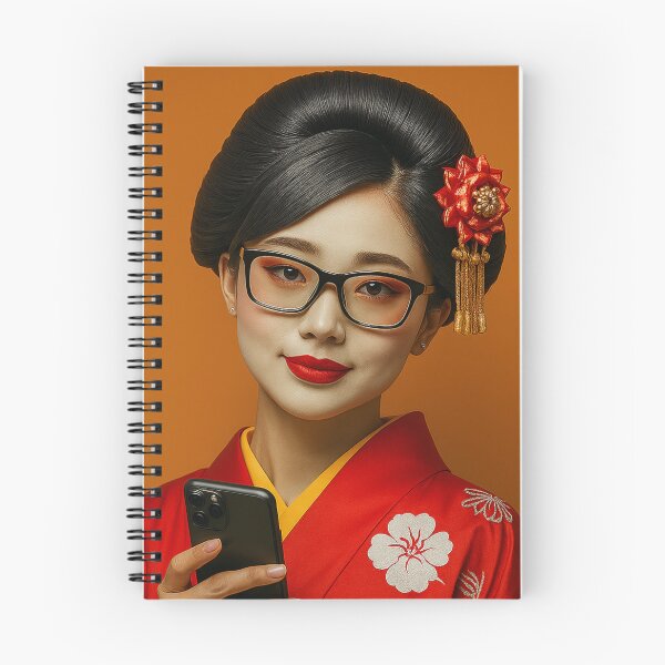 Item preview, Modern Geisha Portrait — Contemporary Maiko in Red Kimono with Kanzashi and Smartphone Japanese Kimono Art designed and sold by AnTartstudios.