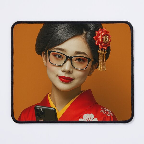 Item preview, Modern Geisha Portrait — Contemporary Maiko in Red Kimono with Kanzashi and Smartphone Japanese Kimono Art designed and sold by AnTartstudios.