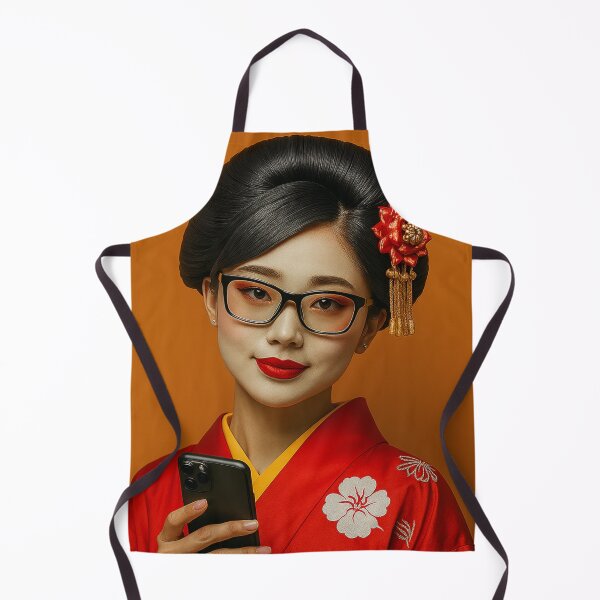 Item preview, Modern Geisha Portrait — Contemporary Maiko in Red Kimono with Kanzashi and Smartphone Japanese Kimono Art designed and sold by AnTartstudios.