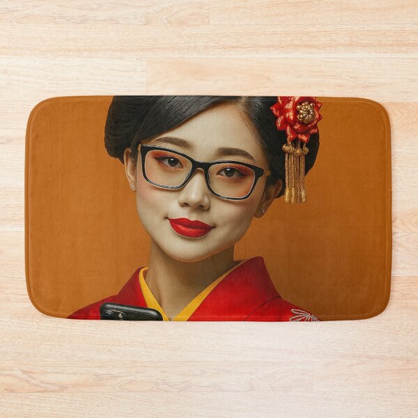 Item preview, Modern Geisha Portrait — Contemporary Maiko in Red Kimono with Kanzashi and Smartphone Japanese Kimono Art designed and sold by AnTartstudios.