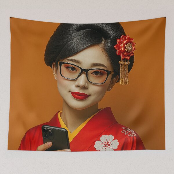 Item preview, Modern Geisha Portrait — Contemporary Maiko in Red Kimono with Kanzashi and Smartphone Japanese Kimono Art designed and sold by AnTartstudios.