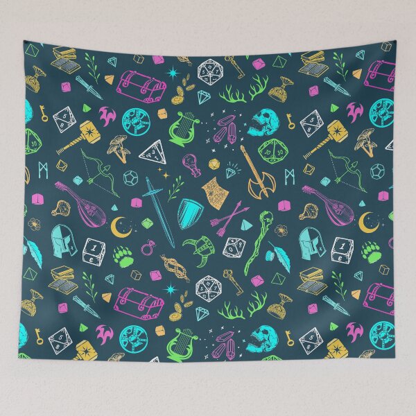 Item preview, DND RPG pattern seamless: dungeons and dragons doodles, d20 Dice and roleplaying medieval gear designed and sold by DungeonAtelier.