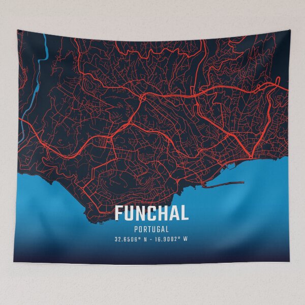 Item preview, Funchal Red & Blue Minimalist Map designed and sold by HomeLivingCo.