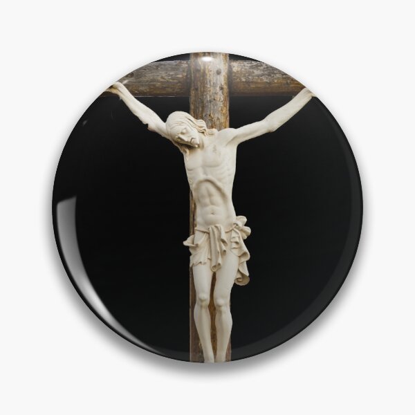 Item preview, Religious Crucifix Sculpture On Rustic Wooden Cross With INRI Plaque Against Black Background designed and sold by Nmallia.