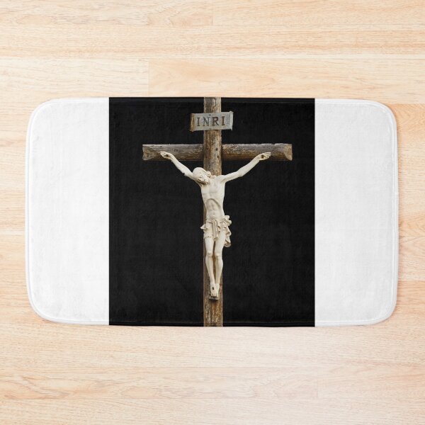 Item preview, Religious Crucifix Sculpture On Rustic Wooden Cross With INRI Plaque Against Black Background designed and sold by Nmallia.