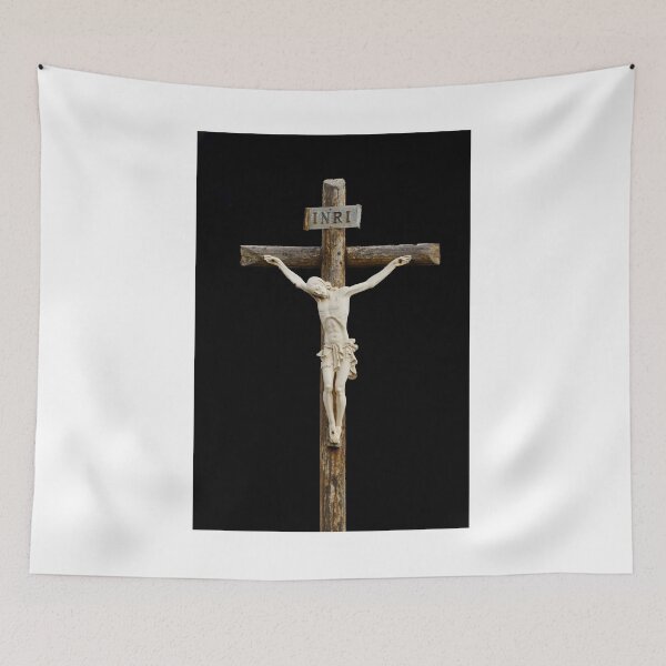 Item preview, Religious Crucifix Sculpture On Rustic Wooden Cross With INRI Plaque Against Black Background designed and sold by Nmallia.