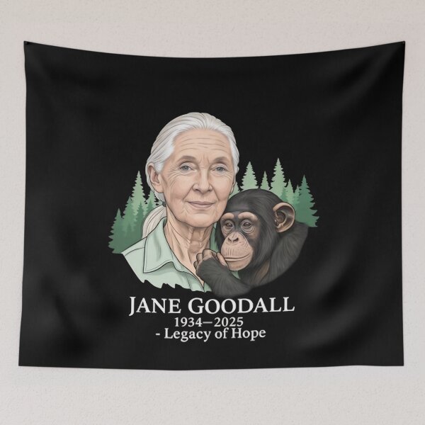 Item preview, Jane Goodall Tribute with Chimpanzee in Forest Art designed and sold by dianadouri.