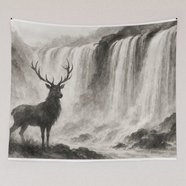 Item preview, Sacred Deer and the Waterfall – Japanese Ink Wash Painting designed and sold by ワフパズル.