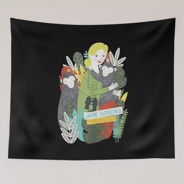 Item preview, Jane Goodall Cartoon with Chimps and Jungle Foliage designed and sold by dianadouri.