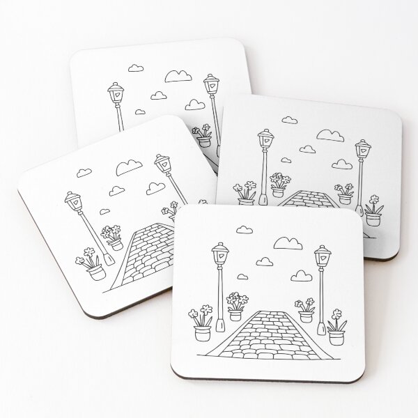 Item preview, A cobblestone street lined with flowerpots and lampposts designed and sold by rasagamastore.