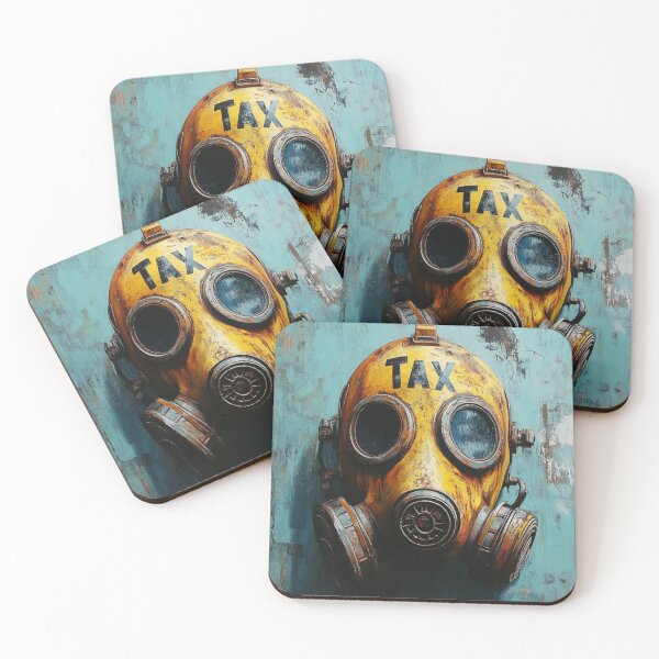 Item preview, Surreal Gas Mask Art – Industrial Dystopian Painting with “TAX” Inscription designed and sold by mliotard.
