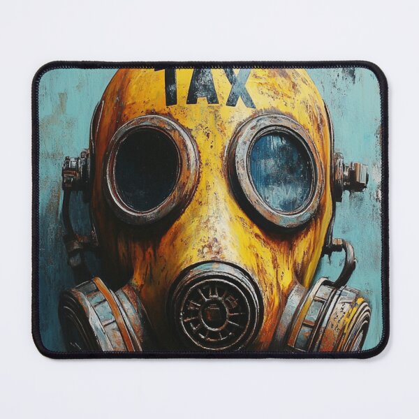 Item preview, Surreal Gas Mask Art – Industrial Dystopian Painting with “TAX” Inscription designed and sold by mliotard.