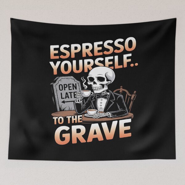 Item preview, skeleton coffee - death before decaf - gothic coffee - caffeine skeleton - spooky coffee - coffee and bones - skull coffee - skeleton espresso - halloween coffee - bone tired coffee wired designed and sold by JansenGS.