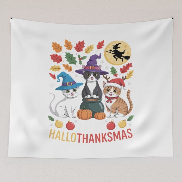 Item preview, Happy HalloThanksMas Cats Halloween Thanksgiving Christmas designed and sold by RayArmstrong.