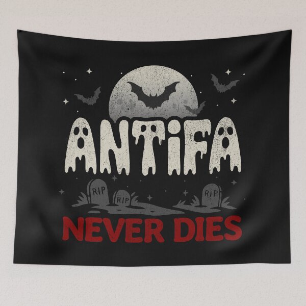 Item preview, ANTIFA NEVER DIES – Halloween statement with ghost writing and gravestones designed and sold by VariousGoodies.