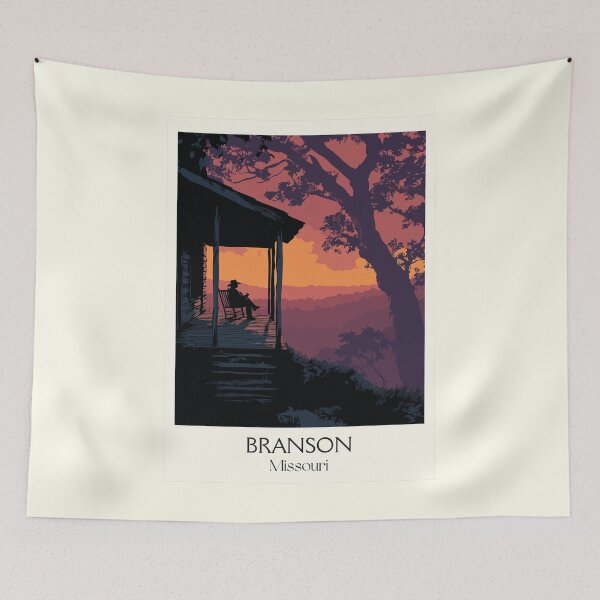 Item preview, Branson Missouri Vintage Travel Poster | Ozark Mountains Cabin Art Print | Sunset Balcony Decor designed and sold by TuncGK.