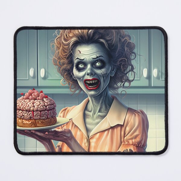 Item preview, Zombie Woman in Vintage Kitchen Holding Brain Cake designed and sold by NightTimeJ.